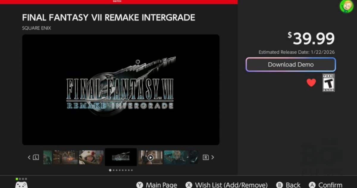 Final Fantasy VII Remake démo Switch -poster
